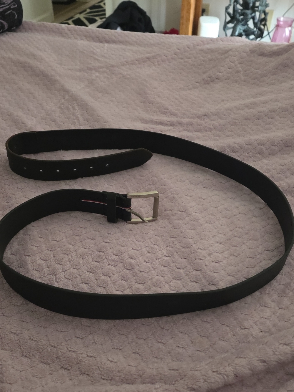 Tommy Hilfiger Black Leather Belt with Silver Buckle